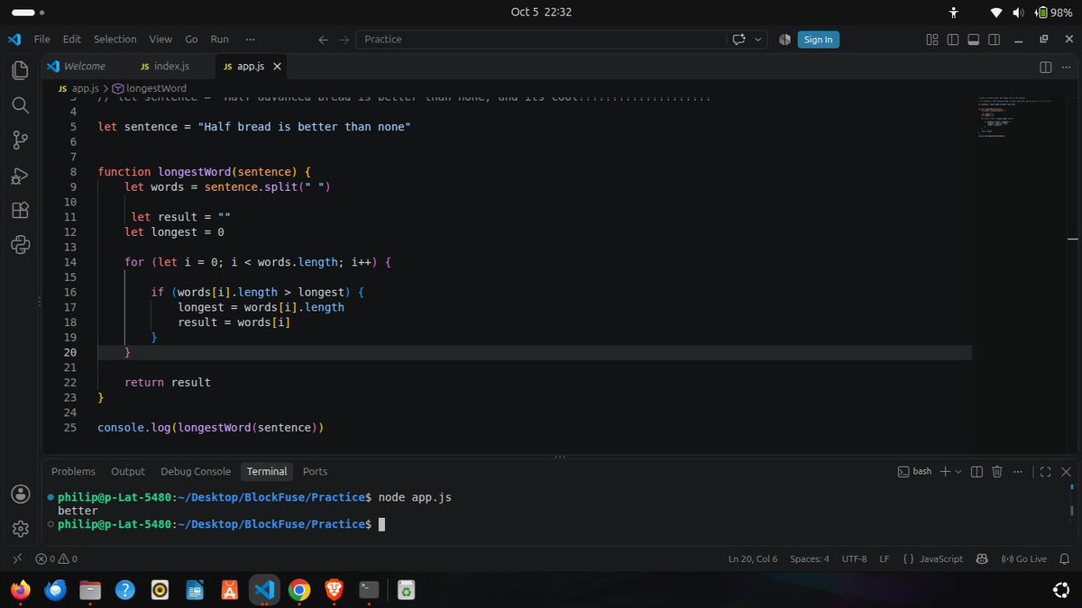 phil_builds's tweet photo. Day 89 of @blockfuselabs 200 Days of Code. Today I solved a problem in javascript. The problem was: given a sentence return the longest word in the sentence. I was able to think through it and solved. 111 days to go.🔨#buildinpublic #tailwind #webdevelopment #200daysofcode #day89 https://t.co/wPZhfbW5Bp