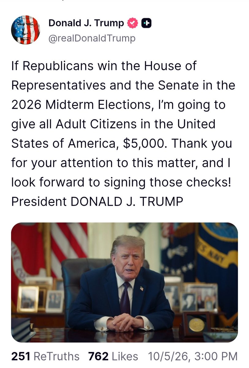 paidprotestr's tweet photo. "Only I can make you this promise." "I'm going to give..." The $1.3 trillion he'll need to keep that promise should come out of his own pocket, which would bankrupt him a 7th time. I would love to see him sign 250 million checks. No autopen allowed.
1/2
#Trump #5000check #bribe https://t.co/v8JLXNKIhU