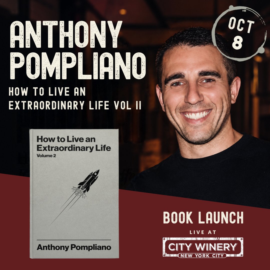 APompliano's tweet photo. This Thursday I am hosting a book launch at City Winery in NYC.

@polinapompliano will be GRILLING me on stage with all the questions she has always dreamed of asking me.

This event will be unlike anything else.

I am giving away 30 tickets. Apply here: https://t.co/f2W3hHjAeH https://t.co/H0BG2wvrGU