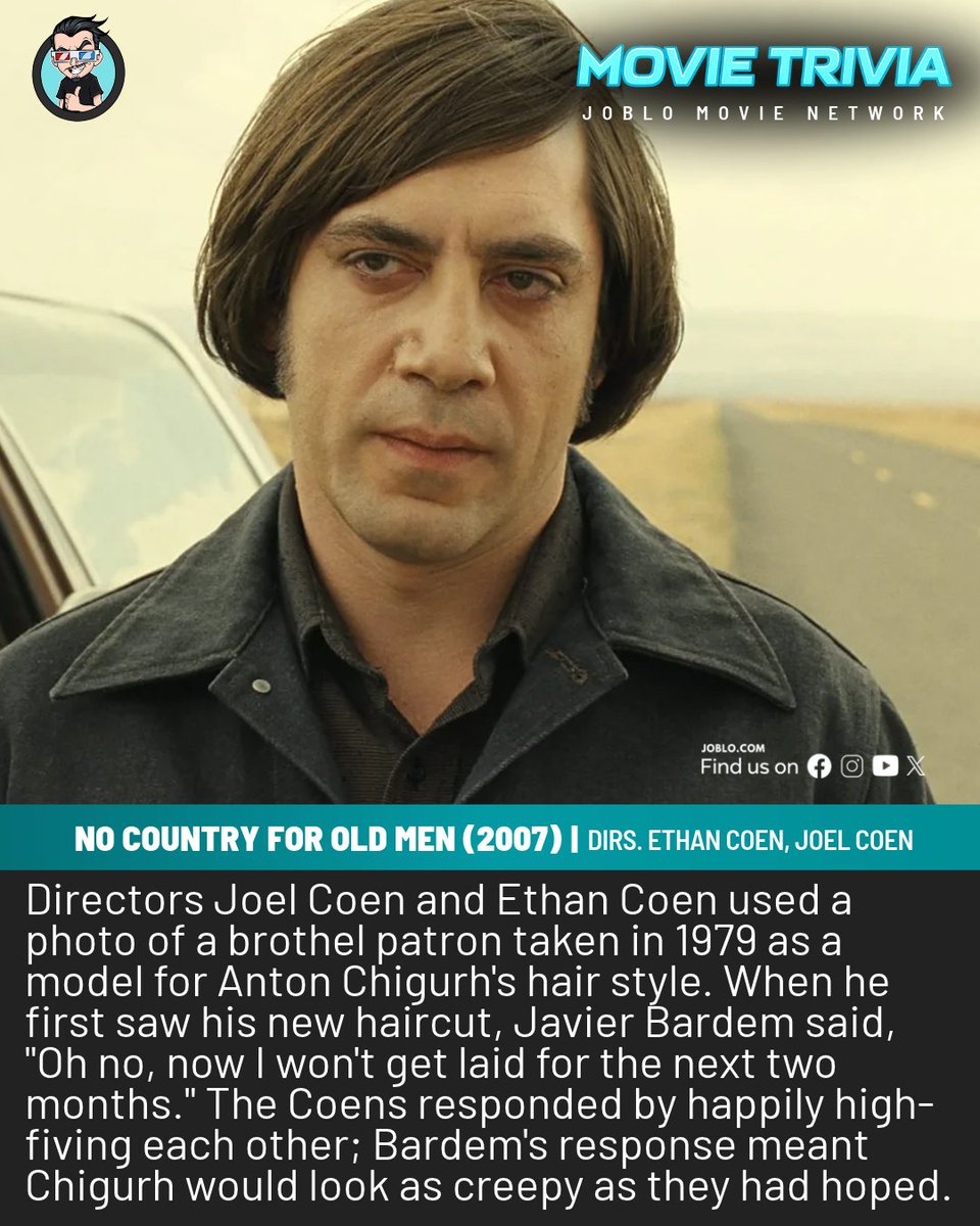 joblocom's tweet photo. Movie Trivia: No Country For Old Men (2007) 🎥
#NoCountryForOldMen #JoelCoen #EthanCoen #JavierBardem https://t.co/6EZAa5f2UJ