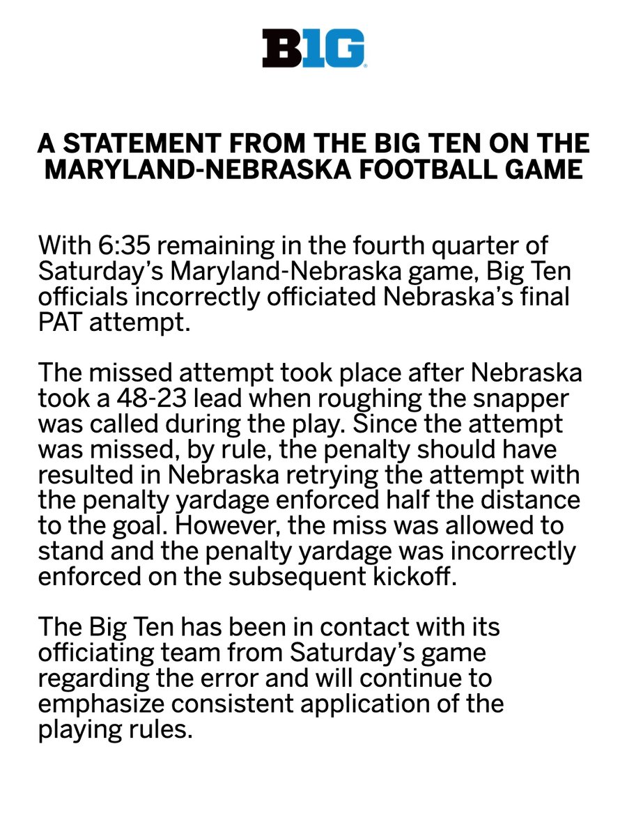 bigten's tweet photo. A statement from the Big Ten on the Maryland-Nebraska Football game. https://t.co/8mcAIej716
