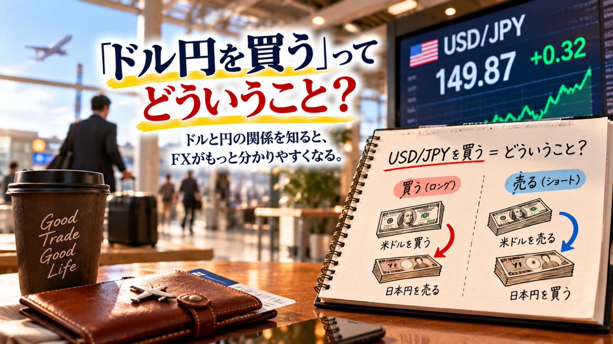 Masa_madogiwaFX's tweet photo. 「ドル円を買う」
最初は、
ドルと円を両方買うのかな？
と思っていました。
でも実際は、
ドルを買って、円を売る。
こうやって意味を一つずつ分解すると、
FXが少し分かりやすくなってきます。
#FX初心者 #FX基礎 https://t.co/eFAHhDdGgP