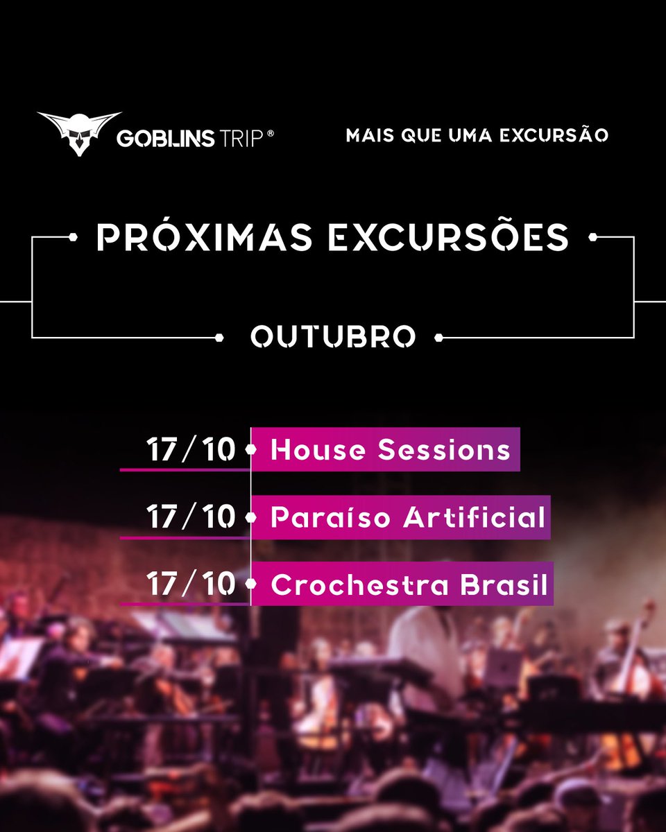 goblinstrip's tweet photo. Agenda Goblins Trip do mês de outubro! 📅

🎶 17/10 House Sessions

🤖 17/10 Paraíso Artificial

🎷 17/10 Crochestra

As vagas estão disponíveis em Belo Horizonte, Contagem, Betim e algumas cidades de Minas Gerais! Reserve pelo WhatsApp: 31992834051 ✅ https://t.co/Apk24kvoUD