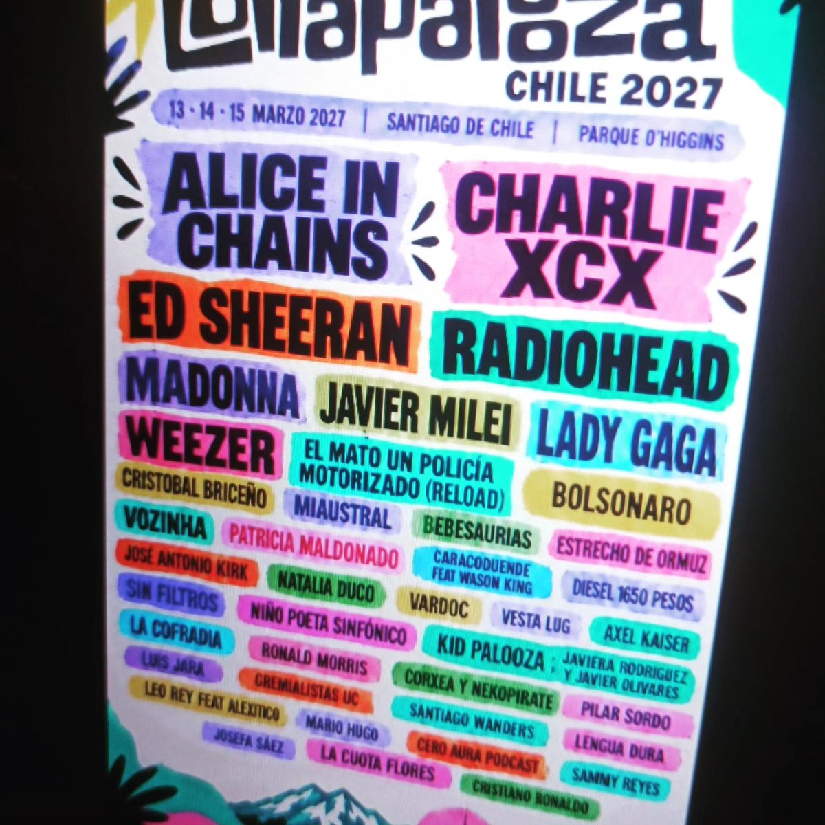 marcoezzzra's tweet photo. Filtrado Lineup Lollapalooza Chile 2027 #Lollapalooza #Lollapalooza2027 #Lollapaloozachile https://t.co/dlobTmxLP6