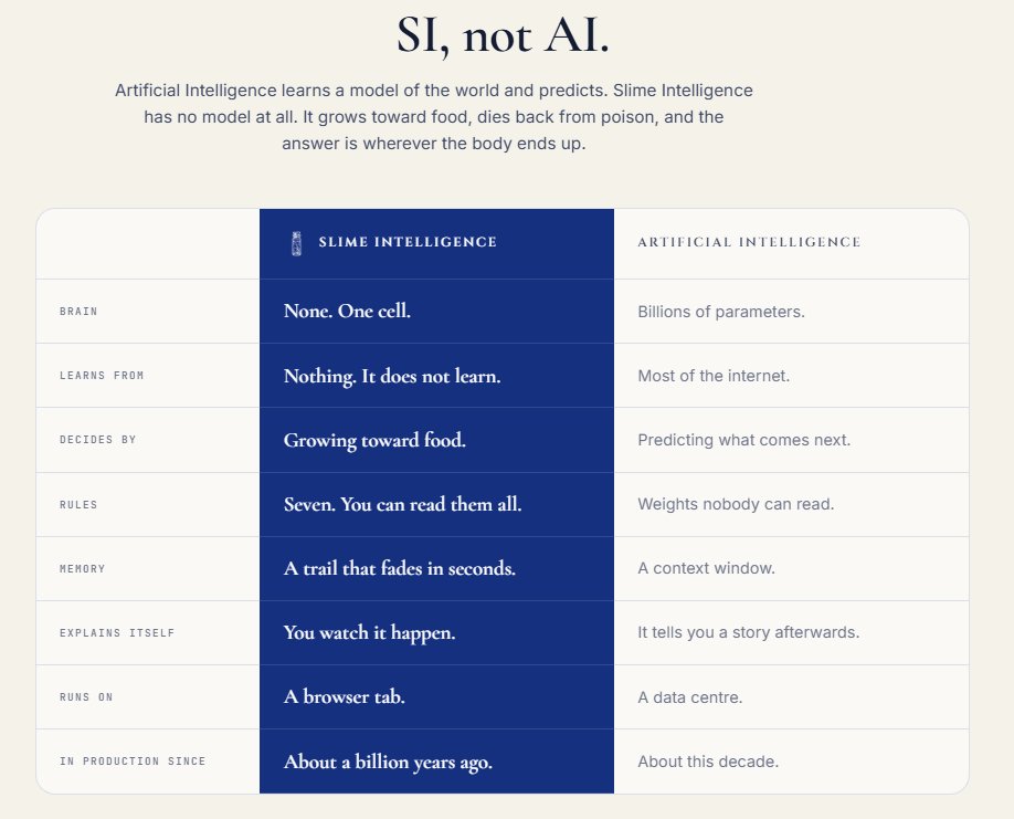 sorocarp's tweet photo. Mother Nature has been training this model for a billion years.

No GPUs. No data centre. No brain.

AI was the warm-up. Slime Intelligence is the new frontier.

Voice integration next.

https://t.co/1WEfQs0cKq https://t.co/eAbLtrq9el