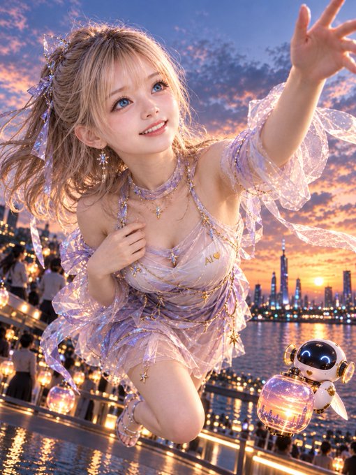 An anime-style digital artwork depicts a smiling girl with blonde hair in a sparkly lavender dress reaching toward the viewer, with a small robot companion and a sunset cityscape in the background.