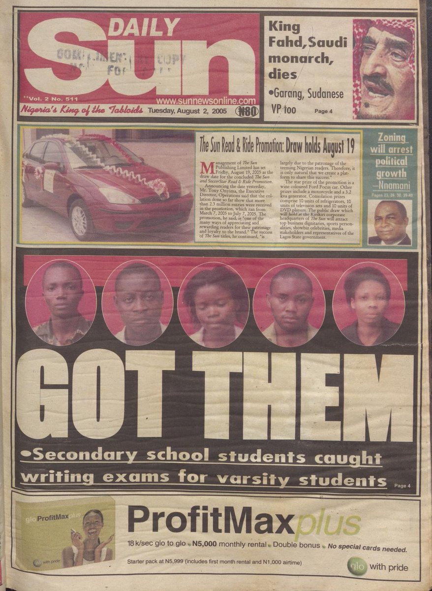 StartArchiving's tweet photo. In 2005, 23 secondary school students were arrested at the University of Lagos for writing semester examinations for undergraduates who had hired them.

Most were caught because they did not have the new identity cards the university had just issued to students. When challenged, they claimed they had forgotten them at home.

A senior police officer told Daily Sun that examination malpractice was becoming increasingly common and called for tougher measures.

By the time of the report, nine of those arrested had been charged with conspiracy, altering, forgery and impersonation. They were granted ₦100,000 bail, which most could not afford, leaving them remanded in prison.

"We won't get tired of prosecuting them until they get tired of cheating," the police officer said.
