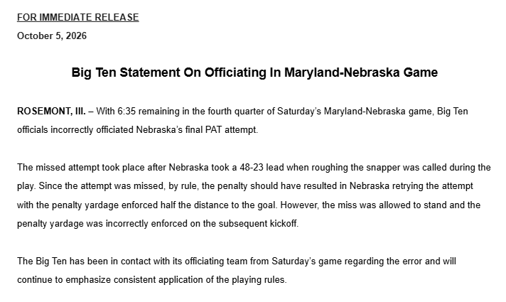 kevinsjuts's tweet photo. The Big Ten issues a statement saying Nebraska's final PAT was incorrectly officiated.

#Huskers @1011_News https://t.co/FoFL51t4vL