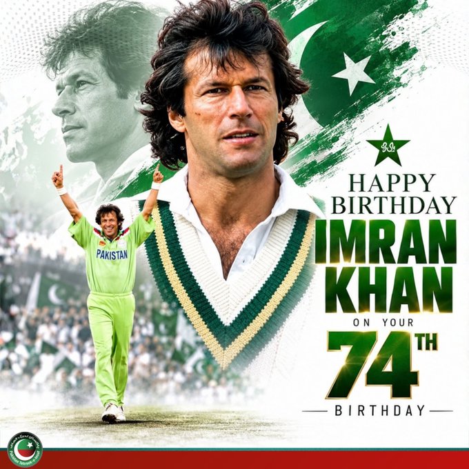 A birthday graphic celebrating Imran Khan's 74th birthday features him in his Pakistan cricket uniform and a cricket sweater, with text reading 'Happy Birthday Imran Khan on your 74th Birthday' and a Pakistan flag backdrop.