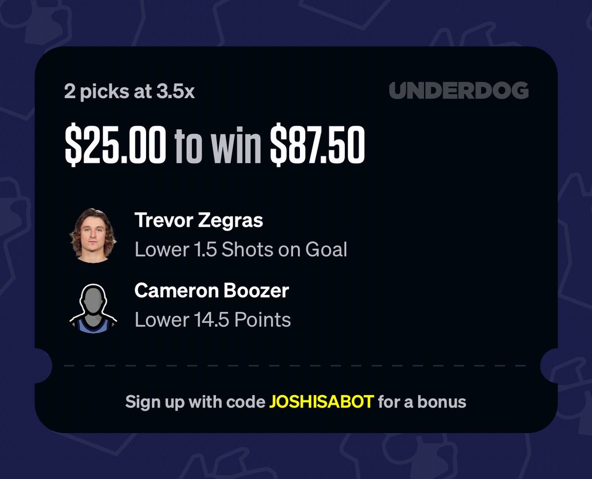 JoshBotBets's tweet photo. Underdog

 https://t.co/Ko5ebXZR6E https://t.co/D9w7DyGo6g