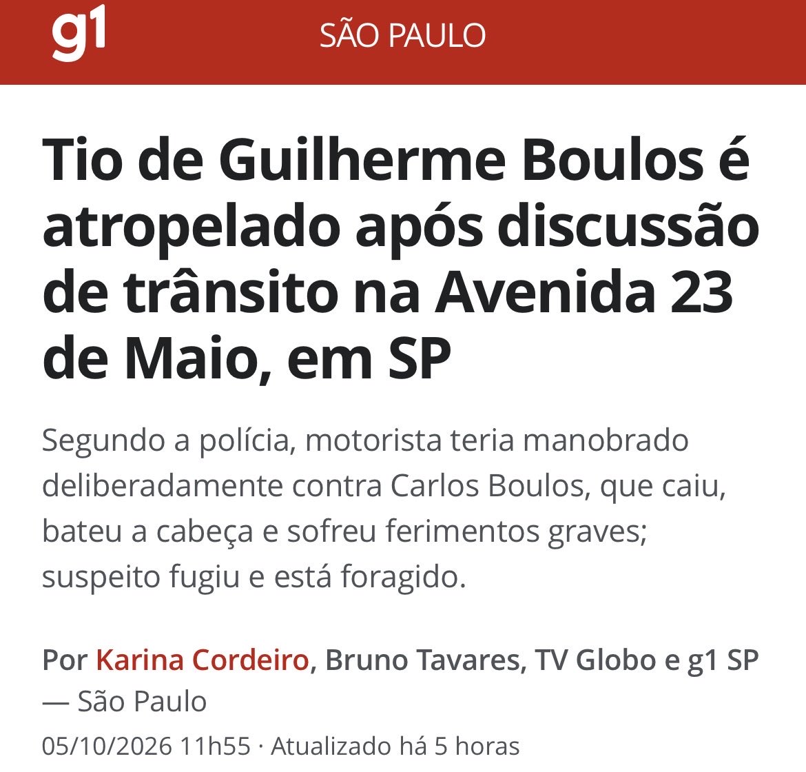 pesquisas_elige's tweet photo. 🚨URGENTE: Carlos Boulos, 80, tio do Ministro @GuilhermeBoulos (PSOL) sofreu uma TENTATIVA DE ASSASSINATO por eleitores BOLSONARISTAS que o atropelaram, e encontra-se em situação crítica na UTI, informou o @g1 https://t.co/PpvP0FRXEv