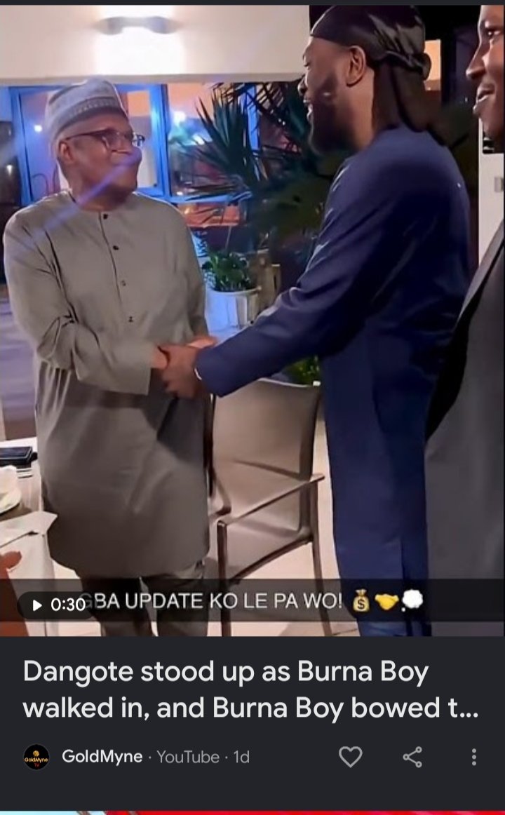 BlessingA10968's tweet photo. Dangote stood up as Burna Boy walked in, and Burna Boy bowed to greet him. Respect goes both ways. https://t.co/ewiqQAKArT https://t.co/iiB0tq7bEA