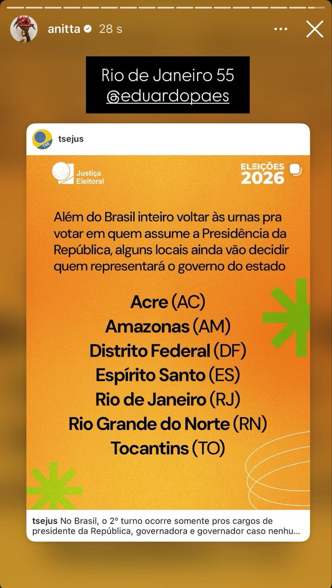 AnittaPress's tweet photo. Anitta compartilha publicação do TSE confirmando o 2° turno no Rio de Janeiro. https://t.co/zrr2vvPLaq