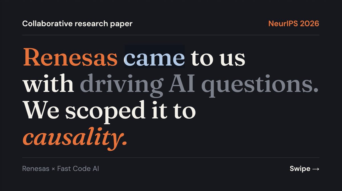 siddesh_239's tweet photo. @RenesasGlobal is one of the world's top 3 makers of the small chips that run modern cars. It's a $9B revenue listed company on Tokyo Stock Exchange.

They came to us with a broad question about trust in driving VLAs.

We scoped it into one research question: does the AI understand cause and effect in a driving scene?

Then we tested 13 models.

Best score (Cosmos-Reason2): 70.6%. Four did worse than random guessing.

The paper, CausalDriveBench, is now accepted at NeurIPS 2026, co-authored by @FastCodeAI team with Renesas engineers.

Paper: https://t.co/ykjJvo7ltU
