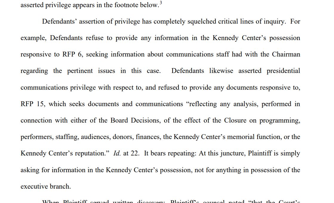 MacFarlaneNews's tweet photo. In new court filing, plaintiffs challenging Trump overhaul of Kennedy Center ask court to compel Ken Cen board to produce documents 

Team Trump is invoking "presidential communications privilege" to mask records "in a case that does not even involve an executive branch entity" https://t.co/9MJ8ZjOIgy