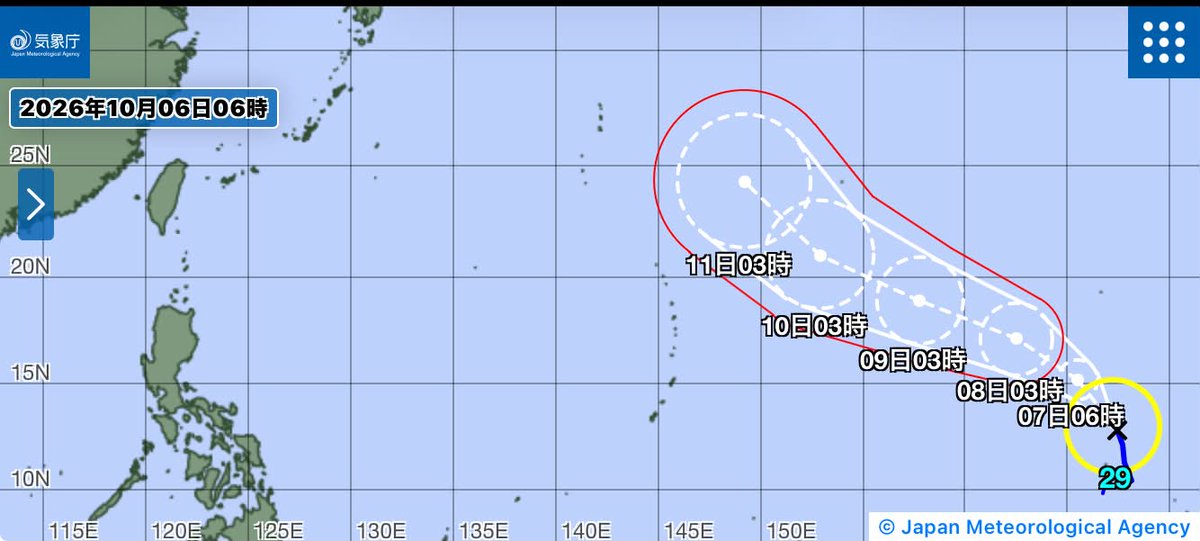 FM_URUMA's tweet photo. #台風29号　2026年10月06日07時15分発表　#2
#FMうるま

#台風第29号(コグマ)
現在、マーシャル諸島
北北西へゆっくり進行中
中心気圧：1000hPa
中心付近の最大風速：18m/s
最大瞬間風速：25m/s

FMうるまスタッフブログ ➡ https://t.co/CRRrEe4SHN

#FMuruma #ゆいまーるラジオ #沖縄 #TY202629 #台風情報