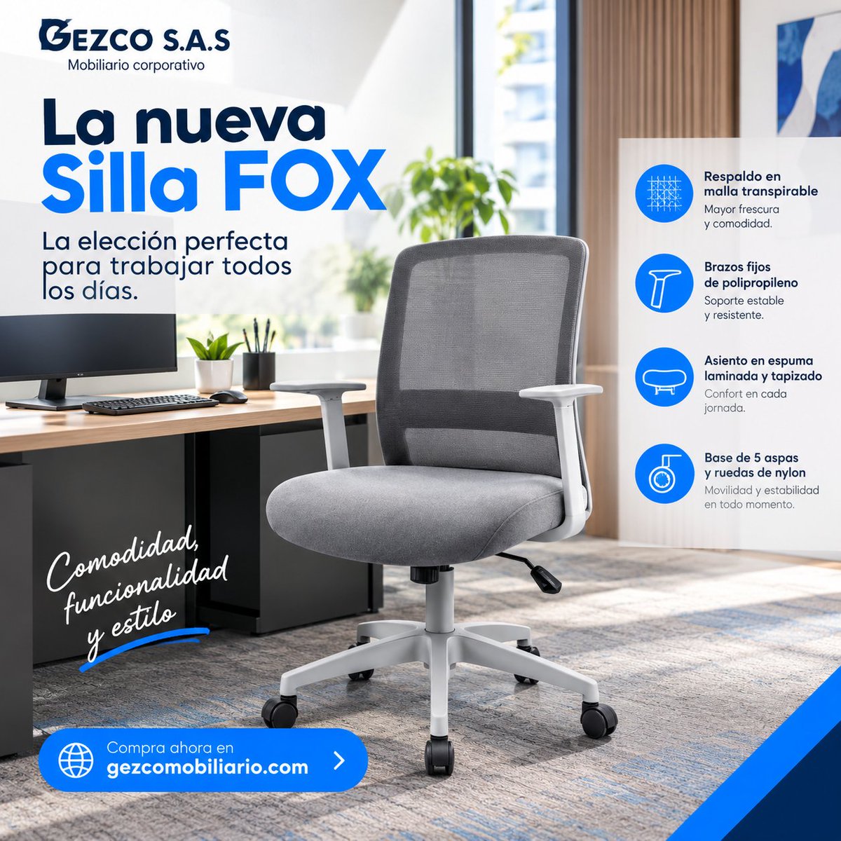 Gezcomobiliario's tweet photo. La nueva FOX llegó para trabajar contigo todos los días. 🪑

Diseño moderno + asiento en espuma inyectada + respaldo en malla transpirable.

🛒 Compra en https://t.co/jL0zqLtwC2
#SillaFOX #Gezco #MobiliarioCorporativo #SillasDeOficina #OficinaModerna #Ergonomía #HomeOffice #cali https://t.co/3inPVOa8um