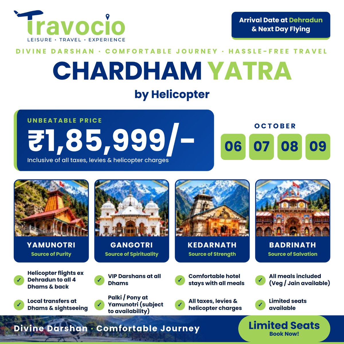 OcioTrav's tweet photo. Chardham by Helicopter. Only a few seats left!

📅 06–09 Oct | 💰 ₹1,85,999/-

🙏 4 Dhams · VIP Darshan · All meals included

Travocio | Leisure · Travel · Experience

#Travocio #ChardhamYatra #ChardhamByHelicopter #LimitedSeats #BookNow #Kedarnath #Badrinath #Gangotri https://t.co/tV6estfaau