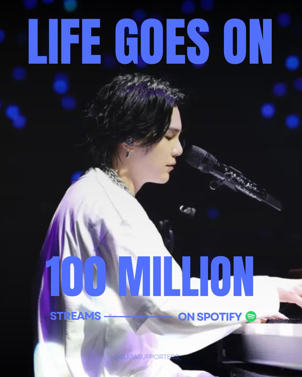SUGASUPPORTERS_'s tweet photo. #슈가레코드 

Agust D의 ‘Life Goes On’이 스포티파이에서 1억 스트리밍을 돌파했습니다! 🎉

이로써 ‘Life Goes On’은 슈가의 솔로곡과 피처링곡을 통틀어 스포티파이 1억 스트리밍을 달성한 20번째 곡이 되었습니다.

CONGRATULATIONS AGUST D 
#LifeGoesOn100M 
#SUGA #AgustD 
#슈가 #BTSSUGA 
#방탄소년단슈가