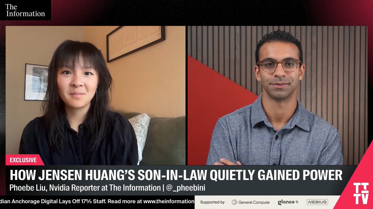 A split-screen interview from The Information features reporter Phoebe Liu discussing Nvidia, with the headline "HOW JENSEN HUANG'S SON-IN-LAW QUIETLY GAINED POWER," referencing speculation about Nico and Madison Huang's growing influence within the company.