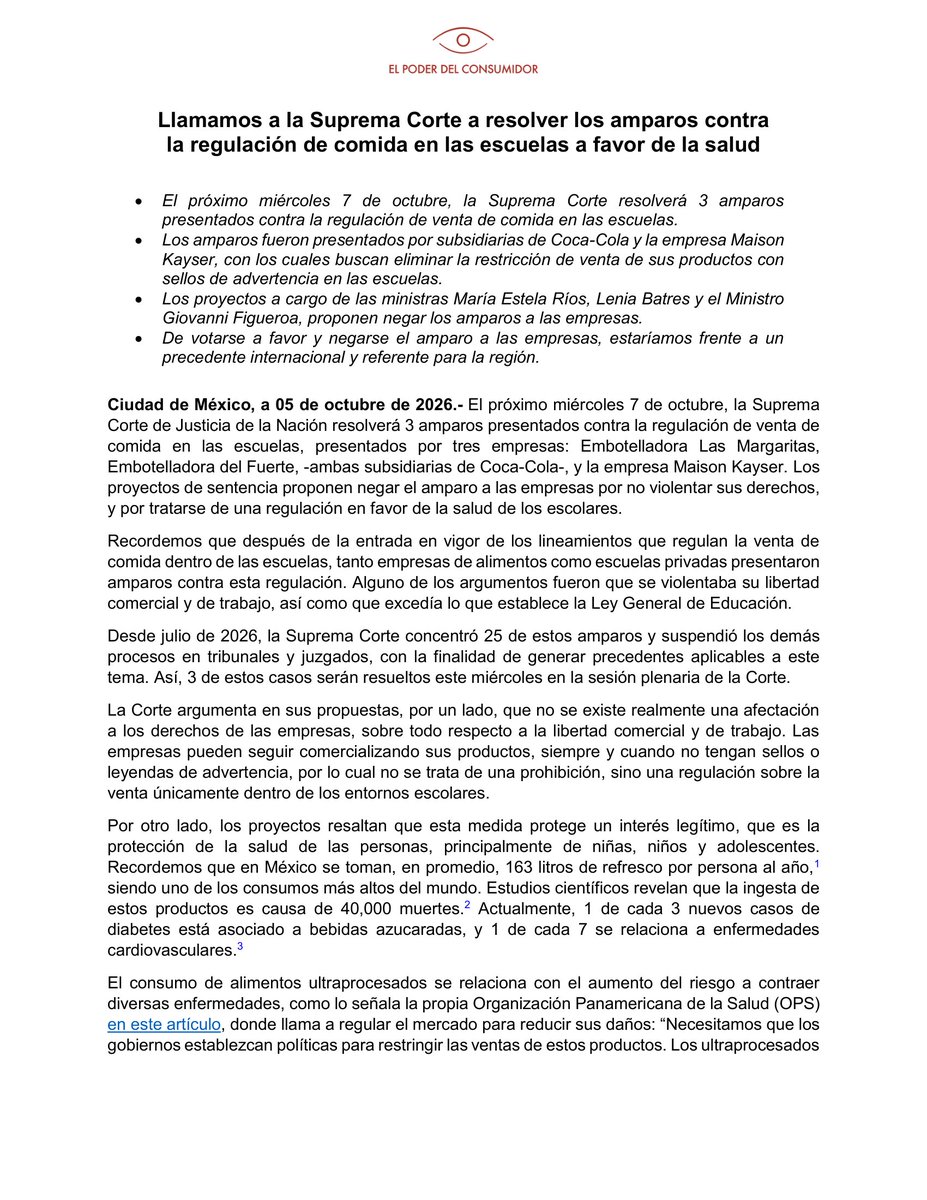 elpoderdelc's tweet photo. Los proyectos a cargo de las ministras María Estela Ríos y Lenia Batres, y el ministro Giovanni Figueroa, proponen negar los amparos a las empresas.
🌍⚖️De votar a favor de la niñez, la @SCJN sentará un precedente histórico e internacional.
Tras más de 2 años de litigio, se pondría fin a los intentos corporativos por frenar una de las políticas más efectivas: la prohibición de venta de chatarra en las escuelas de México.🚨 https://t.co/l9P3muoF3l