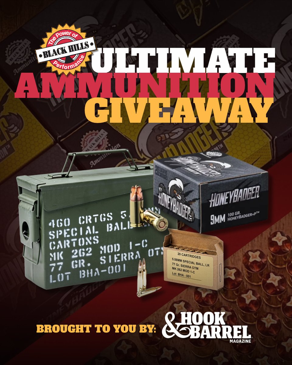 HookBarrelMag's tweet photo. 🚨 960 rounds of @blackhillsammo worth more than $1,700:

• 460 rounds of MK 262 MOD 1-C 77-grain 5.56
• 500 rounds of 125-grain 9mm HoneyBadger
• Military ammo can included

Two sought-after loads. One loaded prize package.

Enter here 🔥👉 https://t.co/HkgceHnqyH https://t.co/lXQx2dL8hL