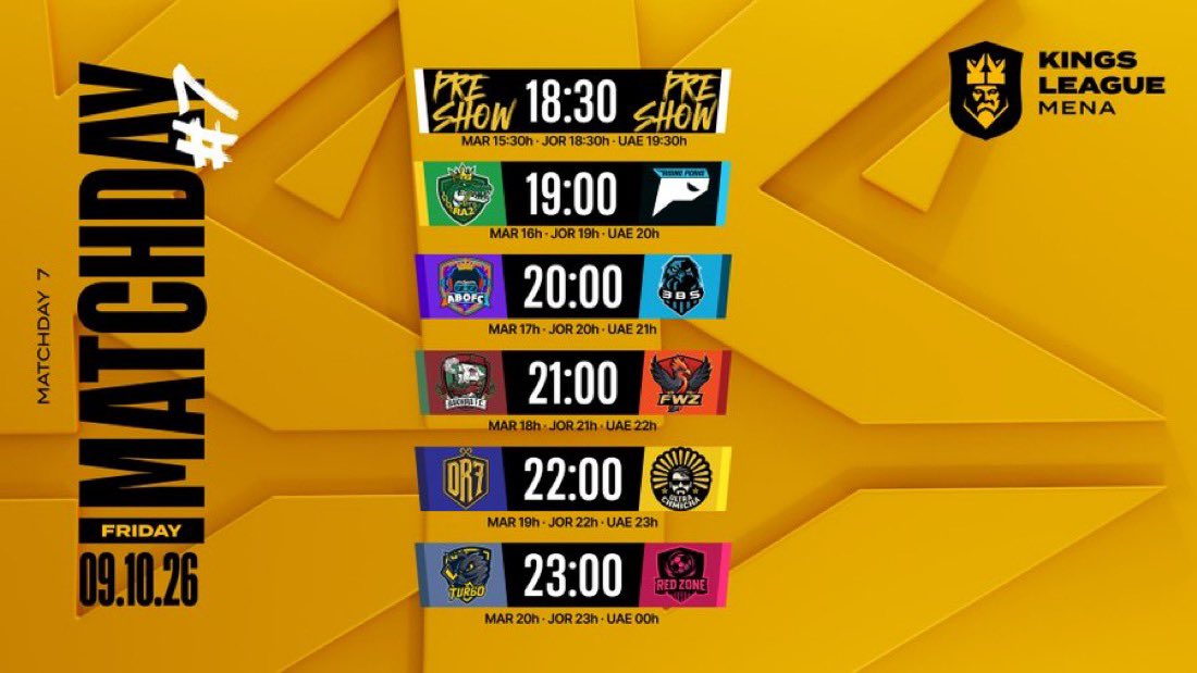3ivq8's tweet photo. ━━━━━━━━ 🚨 🚨 | Kings League |

-🚨 مواجهات الجولة السابعة والثامنة 

امامكم 👇🏻👇🏻

#KingsLeague https://t.co/Zl0q12lbZv