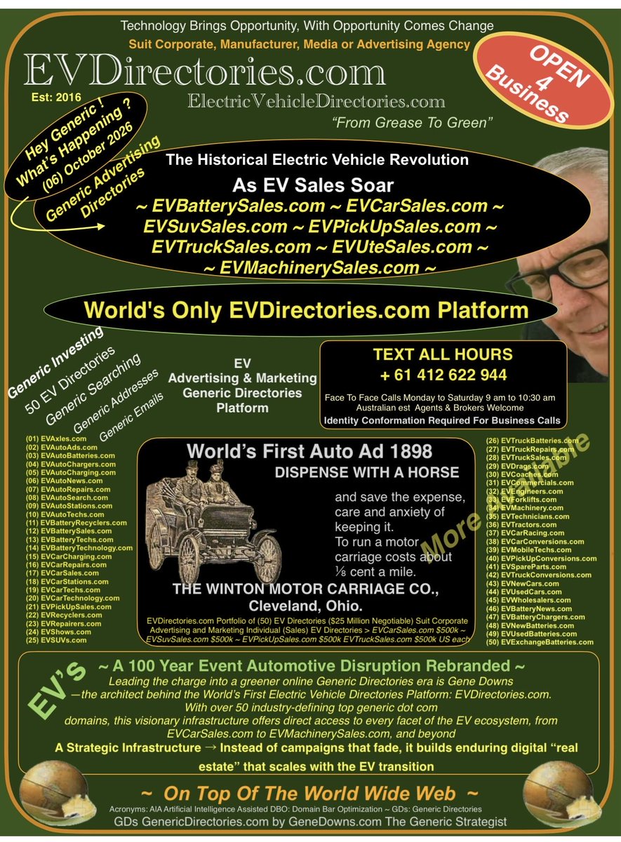 GenericGene's tweet photo. Why This Is Prescient and Architectural ~
Bypassing traditional search and advertising redefines discoverability, cementing domain names as core digital assets rather than just search-dependent gateways. This is the first time corporations can build a customer base without renting attention > Lease A Directory / Buy A Directory Subject To Each Countries Legal Requirements Build A Directory To Suit Your Own Needs Gene Downs The Generic Strategist ~ effective 06/10/2026