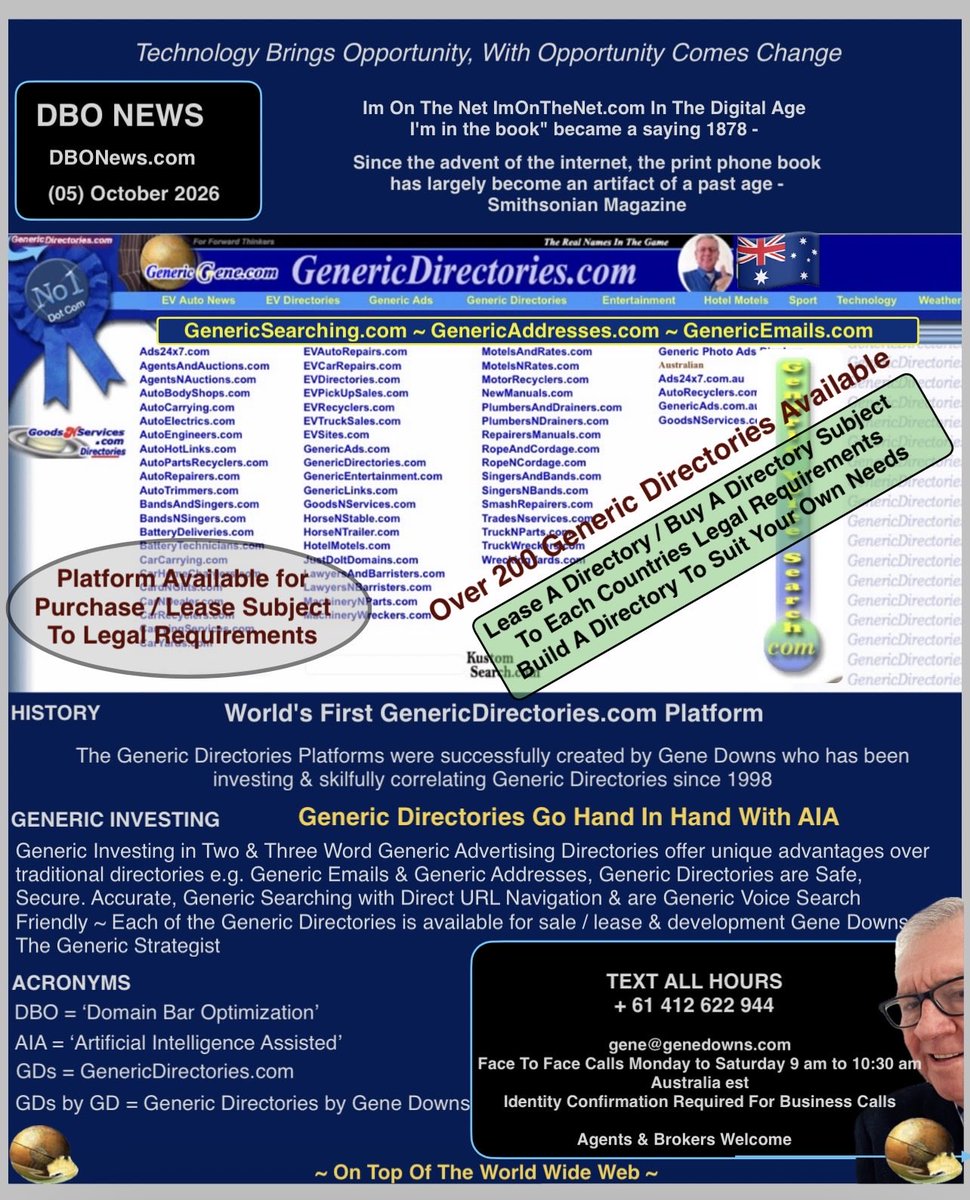 GenericGene's tweet photo. Why This Is Prescient and Architectural ~
Bypassing traditional search and advertising redefines discoverability, cementing domain names as core digital assets rather than just search-dependent gateways. This is the first time corporations can build a customer base without renting attention > Lease A Directory / Buy A Directory Subject To Each Countries Legal Requirements Build A Directory To Suit Your Own Needs Gene Downs The Generic Strategist ~ effective 06/10/2026