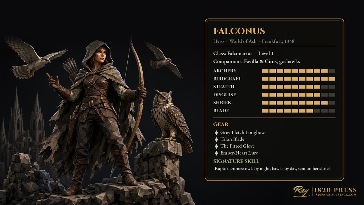 salmon1820's tweet photo. Meet Falconus. Frankfurt, 1348.
Disguised as a man, she flies owls and hawks like drones. Longbow, arrows, hidden blade.
How should she deploy them? Send tactics. If we use yours, you're credited.
The villains are already here. Subscribers meet them first.
#WorldOfAsh https://t.co/zgYyiQC2qQ
