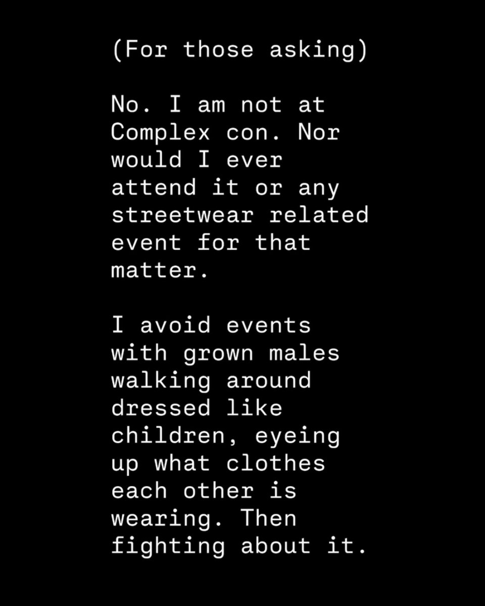 staygroundeadtv's tweet photo. Erik Brunetti of FUCT says he would NEVER attend ComplexCon or any streetwear related event

“I avoid events with grown males walking around dressed like children, eyeing up what clothes each other is wearing” https://t.co/XEzpHVWjcm