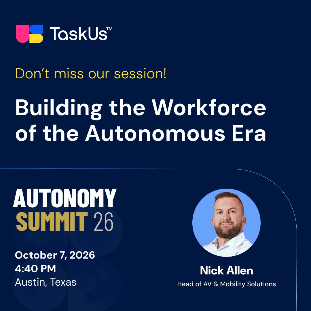 TaskUs's tweet photo. Nick Allen, our AV & Mobility head, will take center stage at the AVIA Autonomy Summit 26.

He’ll lead a panel examining how AV deployment is driving major investment and creating jobs across the technical, operational, maintenance and logistics sectors.

Using Texas as a key example, they will discuss how smart regulation helps scale driverless technology nationwide.

DM Nick if you’d like to meet up!

#AutonomousTech #AutonomousVehicles #FutureOfMobility #TaskUs