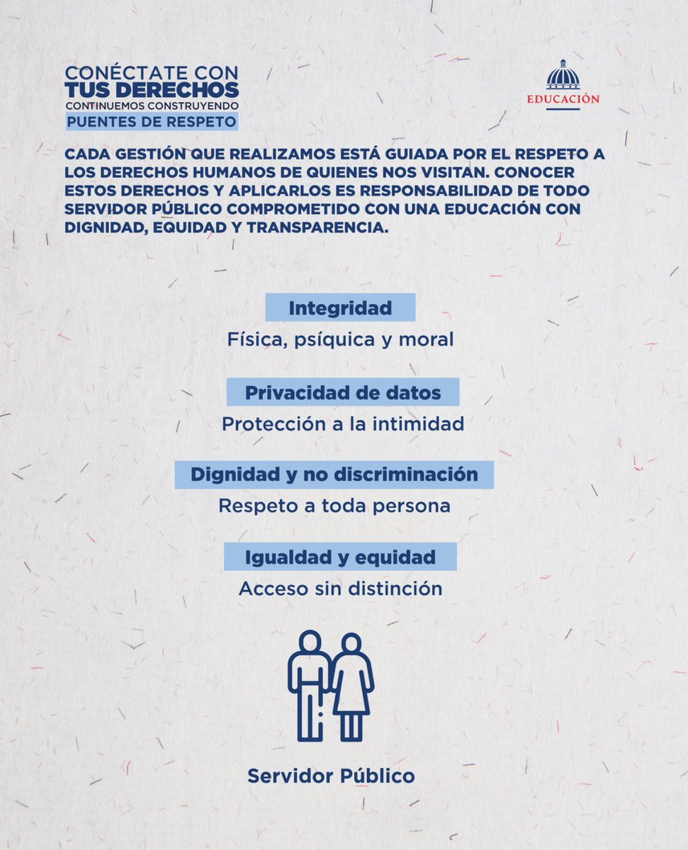 EducacionRDo's tweet photo. Conocer nuestros derechos es el primer paso para hacerlos valer. 🤝

En el Ministerio de Educación promovemos una gestión pública basada en el respeto, la igualdad, la dignidad y la transparencia, fortaleciendo espacios donde cada persona pueda ejercer sus derechos y participar en la construcción de una mejor educación.