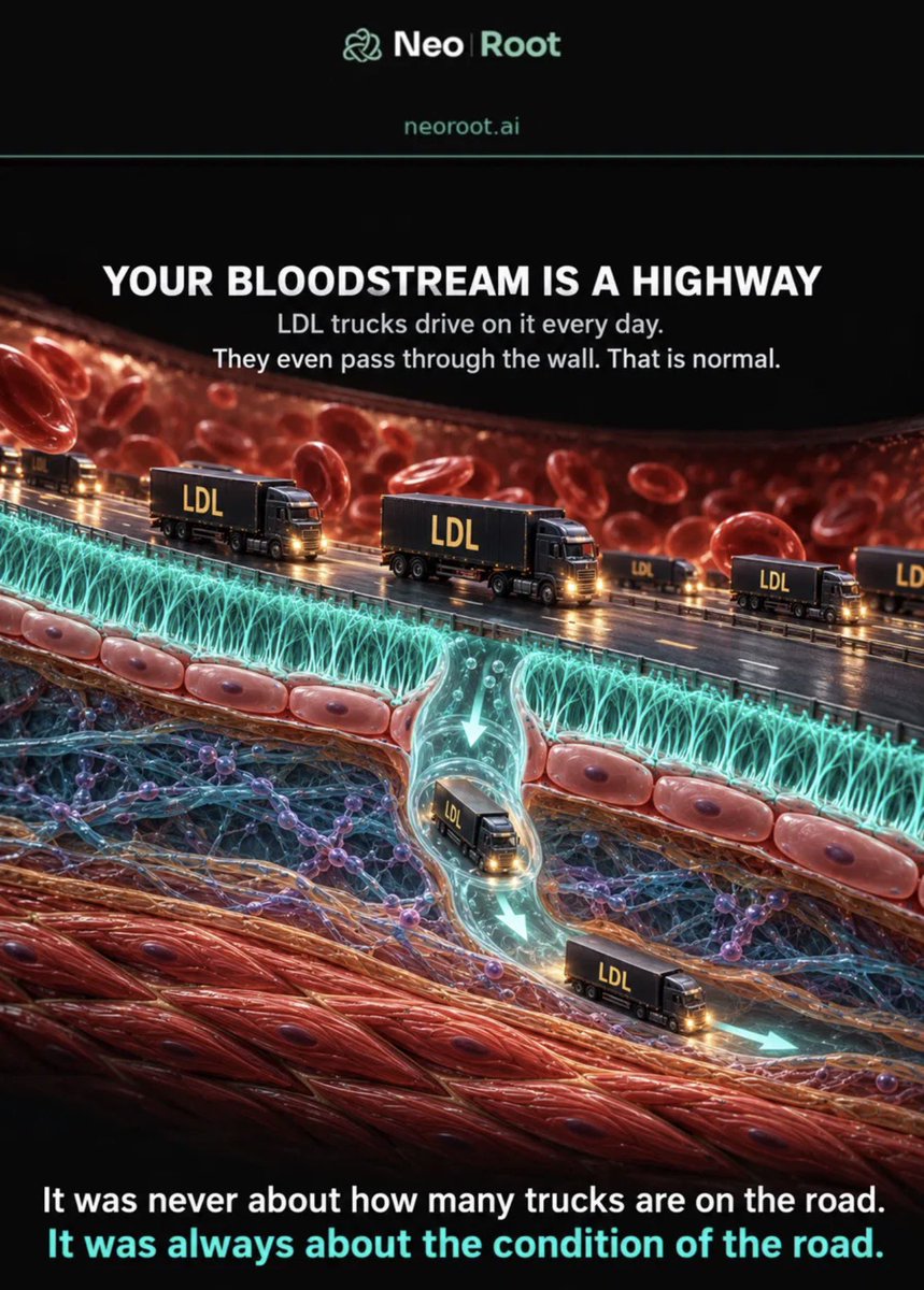 markkaplan20's tweet photo. I keep hearing the same claim.
"LDL enters the arterial wall and causes plaque."

End of story.

That is not what happens.

LDL passes through healthy arterial walls every single day. Your body actively transports it through the endothelium via a process called transcytosis. SR-BI receptors on the cell surface grab the LDL particle, wrap it in a vesicle, and carry it through to the other side.

This is normal physiology. Not disease.
Your bloodstream is a highway. LDL trucks drive on it every day. They even pass through the wall. That is normal.

So why does it sometimes go wrong? 🧵
