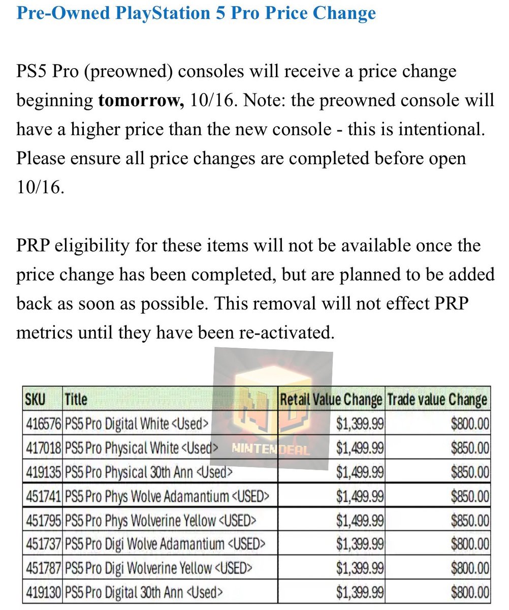Nintendeal's tweet photo. GameStop is changing the price of their preowned PlayStation 5 Pro consoles to $1399.99 / $1499.99

"the preowned console will have a higher price than the new console - this is intentional." https://t.co/JSFN8QenbZ