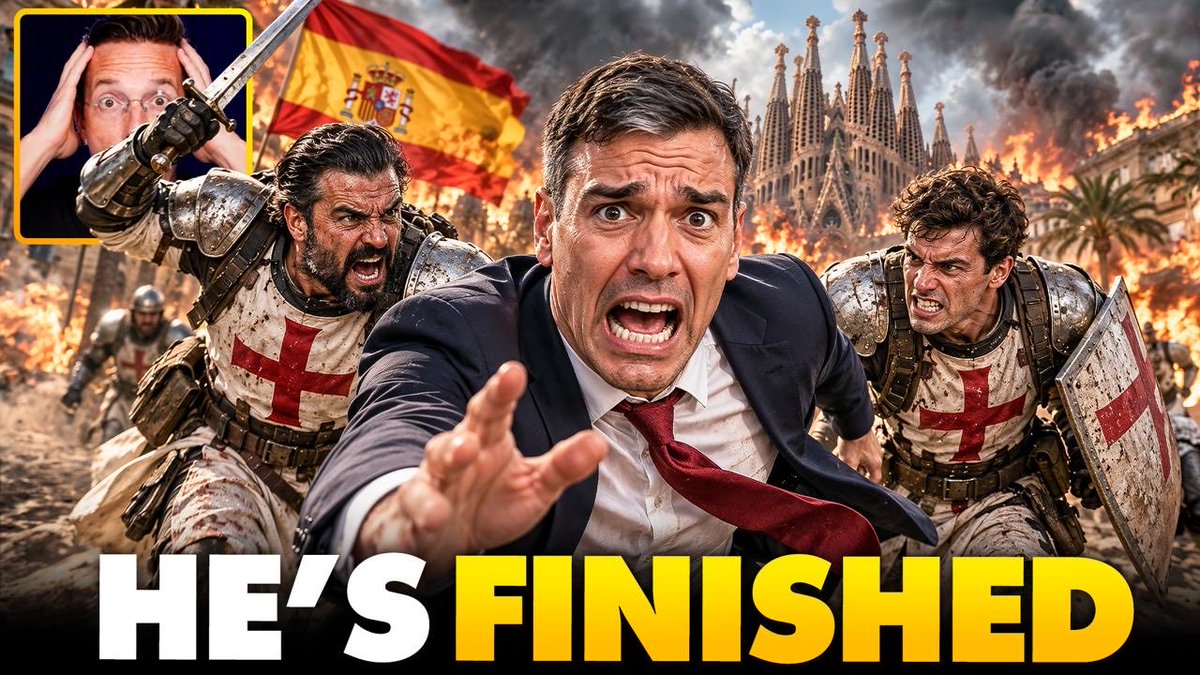 A YouTube thumbnail-style image features an inset of a shocked man, alongside a central screaming politician, and armored crusaders with Spanish and Templar flags amid a burning city, reading 'HE'S FINISHED'.