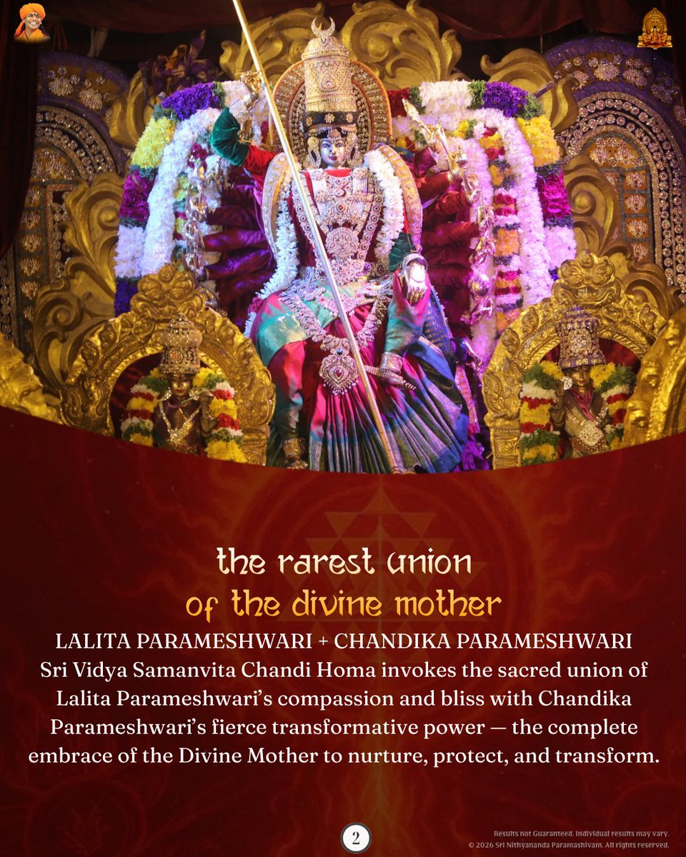 SriNithyananda's tweet photo. 🔥 Sri Vidya Samanvita Chandi Homa 🔥

During Navaratri, offer the 700 mantras of the Devi Mahatmyam into the sacred fire, invoking the grace, protection, abundance and transformative power of Lalita Parameshwari and Chandika Parameshwari through the guidance of THE SUPREME PONTIFF OF HINDUISM, BHAGAVAN SRI NITHYANANDA PARAMASHIVAM.

🕉️ 10–20 October 2026

#ChandiHoma #Navaratri #SriVidya #KAILASA