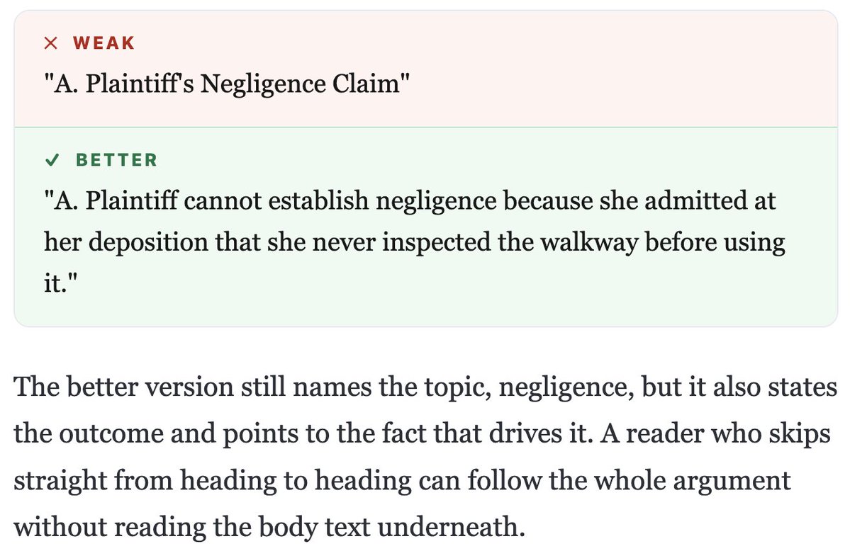 writedotlaw's tweet photo. 2. The flat label versus the argued point

Most flat headings share a pattern. They name a legal issue, a party, or a document, and stop there.

"The Motion to Dismiss." "Defendant's Liability." "The Indemnification Provision." Each one describes a container. None of them tells the reader what is inside. 3/6