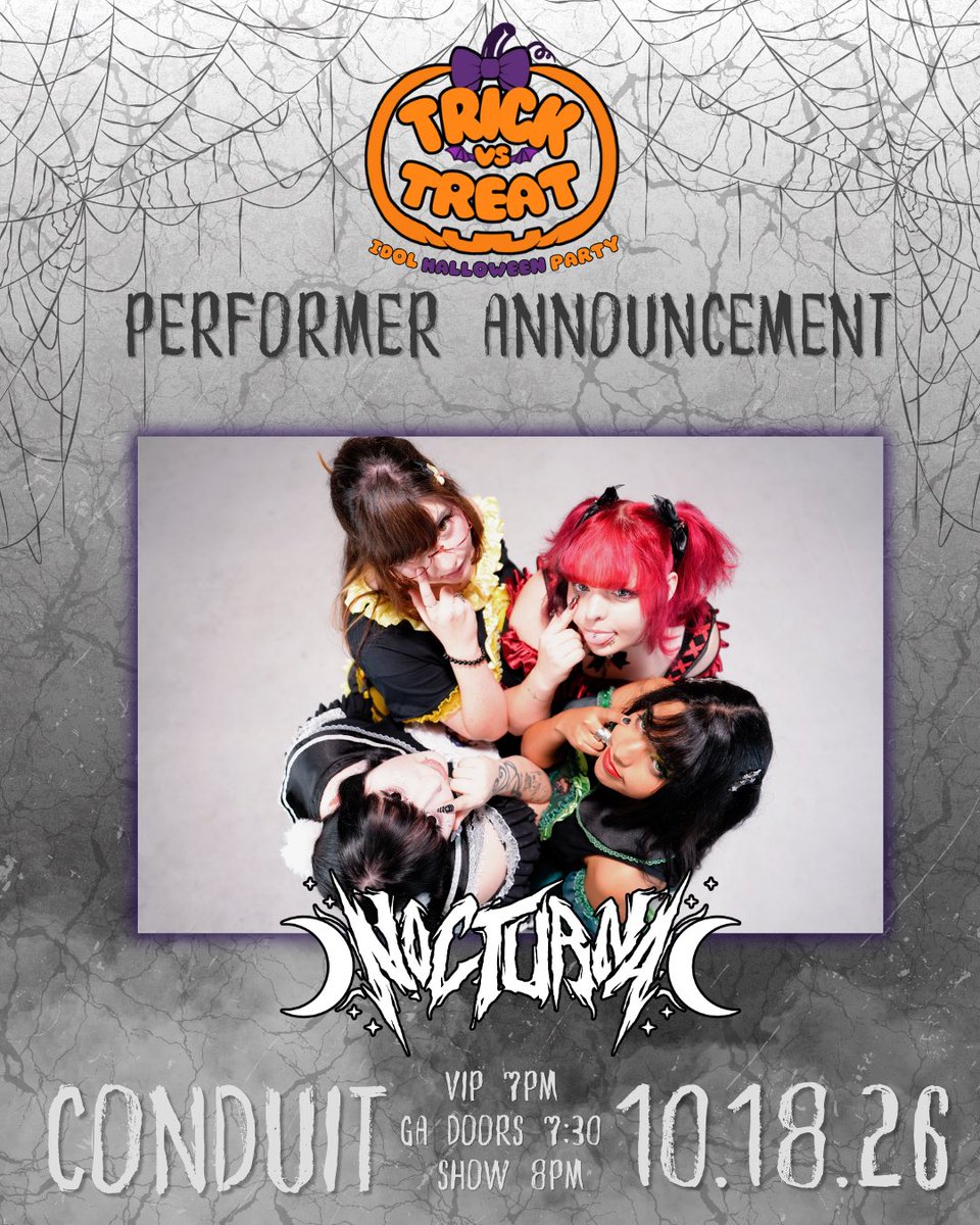 MikanLivePro's tweet photo. 👻 PERFORMER ANNOUNCEMENT 👻 

From beyond the shadows Nocturna emerges to spread their darkness to the world. Four girls, each afflicted with unique curses, work in tandem to leave their impact on the human race.

Come have a trick or a treat at a Halloween idol party like never before!! Join us for a night of fright, delight and all things idol 

October 18th @ 8pm 
Tickets 🔗 in bio