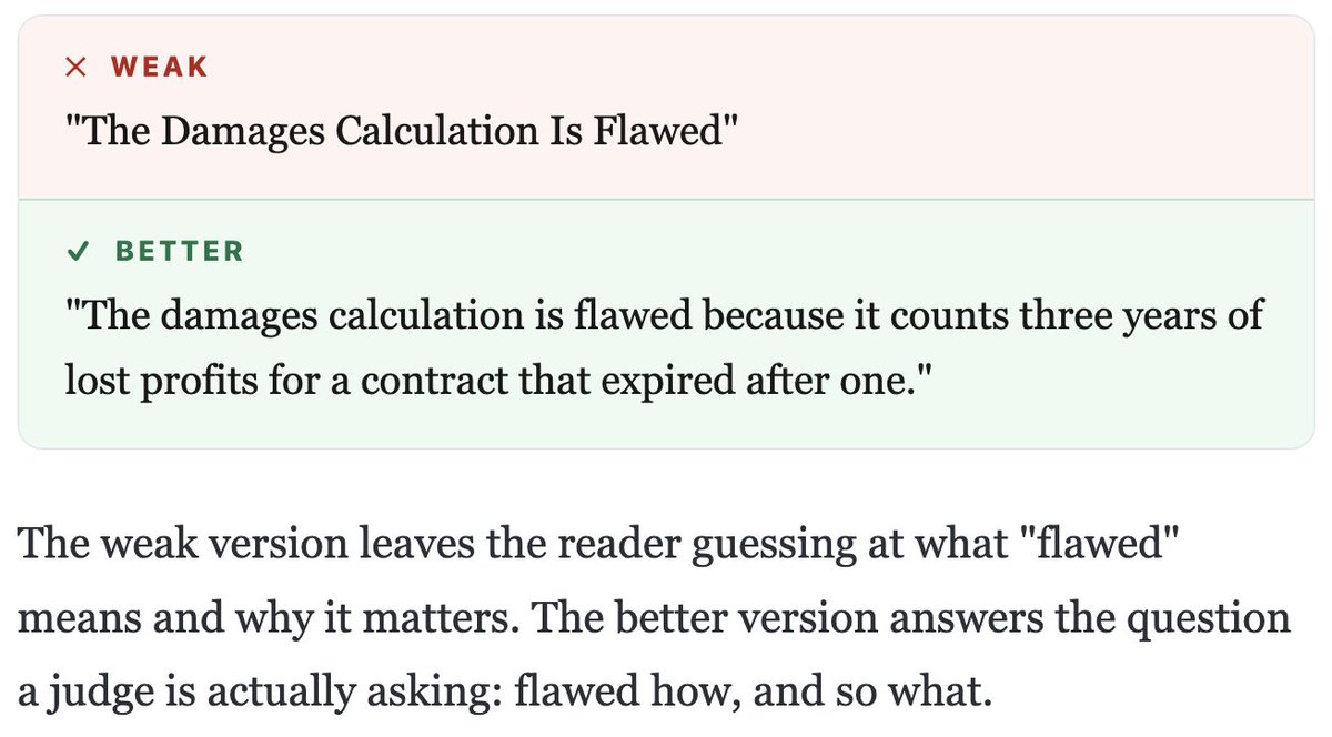 writedotlaw's tweet photo. 3. Put your conclusion in the heading, not just your topic

The habit to build is simple to describe and hard to practice:

Write the heading last, after you know exactly what you are arguing, and put that conclusion in the first half of the sentence. 4/6 https://t.co/hvSQyXCsJC