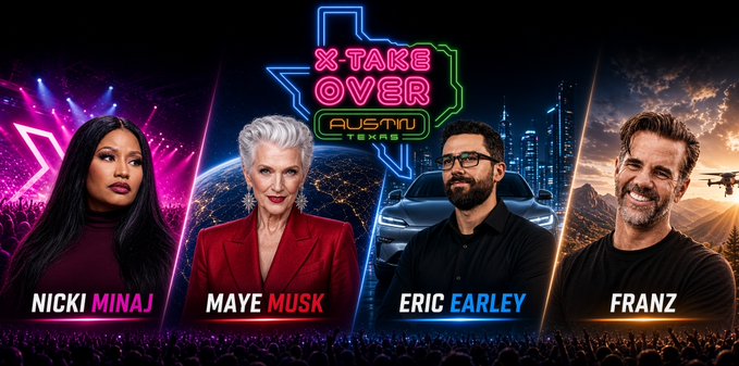A promotional poster for the SXSW 'X-TAKE OVER AUSTIN TEXAS' event featuring headliners Nicki Minaj, Maye Musk, Eric Earley, and Franz.