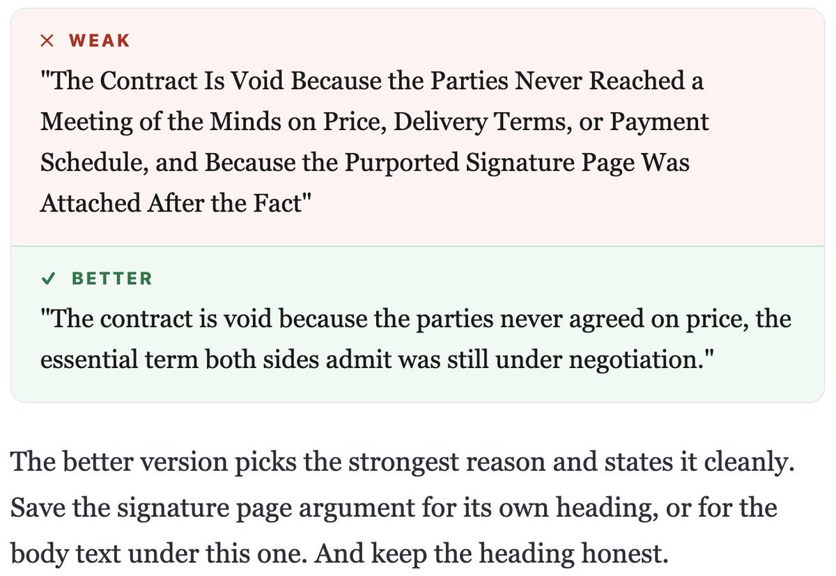 writedotlaw's tweet photo. 4. Keep it one sentence, and keep it honest

Long headings usually mean you are trying to argue the whole point and every supporting fact at once.

Trim it to the single sentence a judge needs to know what you are claiming and roughly why. 5/6 https://t.co/olKXfIpvm9