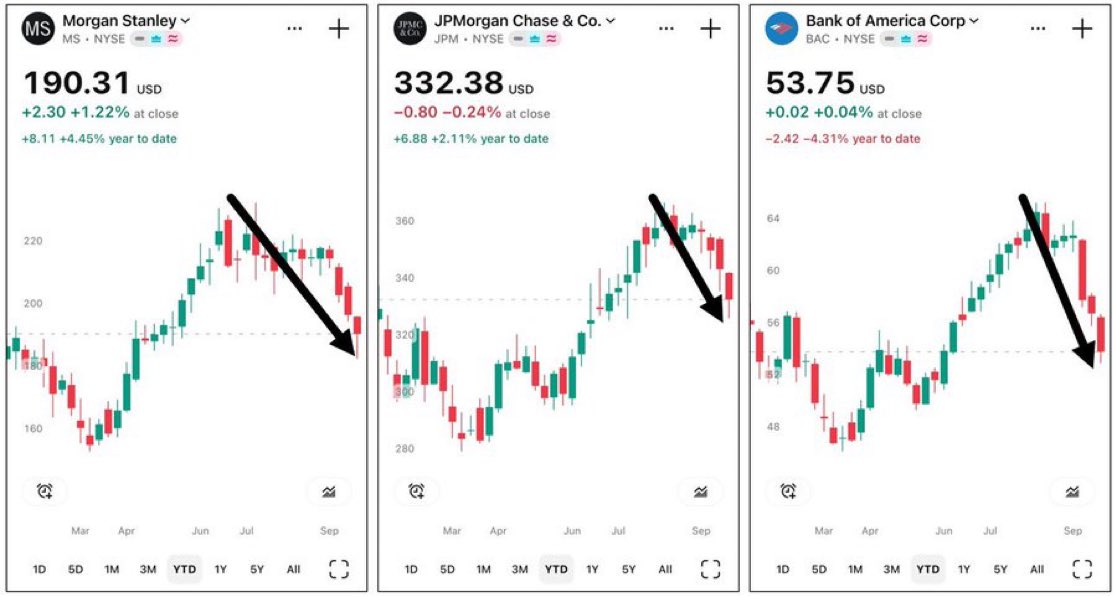 BaldguyMoneyza's tweet photo. One thing I am watching is the bank stocks. They gave an early sign as to what was coming for Gold &amp; Silver in the late 2000s / early 2010s. https://t.co/VrskIj4fio