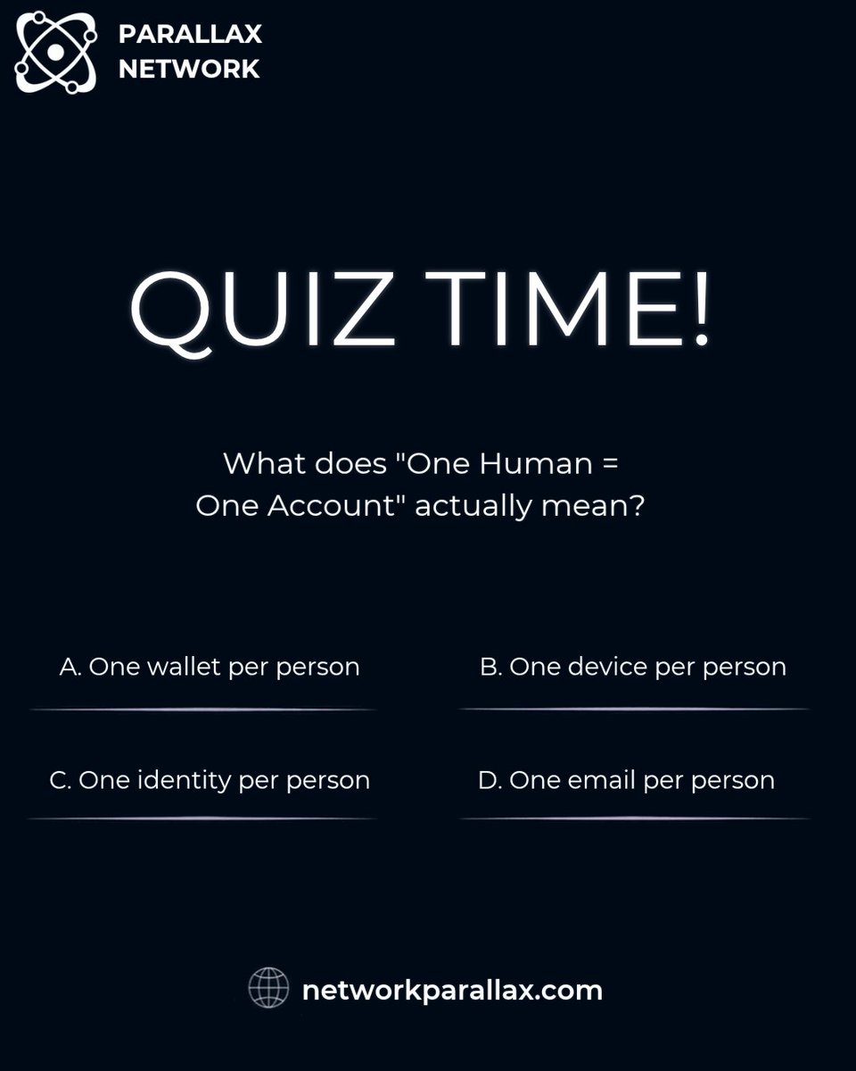 networkparallax's tweet photo. Quiz time!

Parallax is built on one principle: One Human = One Account.

But what does that actually mean in practice?

Drop your answer in the comments. We'll reveal it tomorrow.

https://t.co/VH3uGFqmte

#ParallaxNetwork $PAX #Web3‌‌