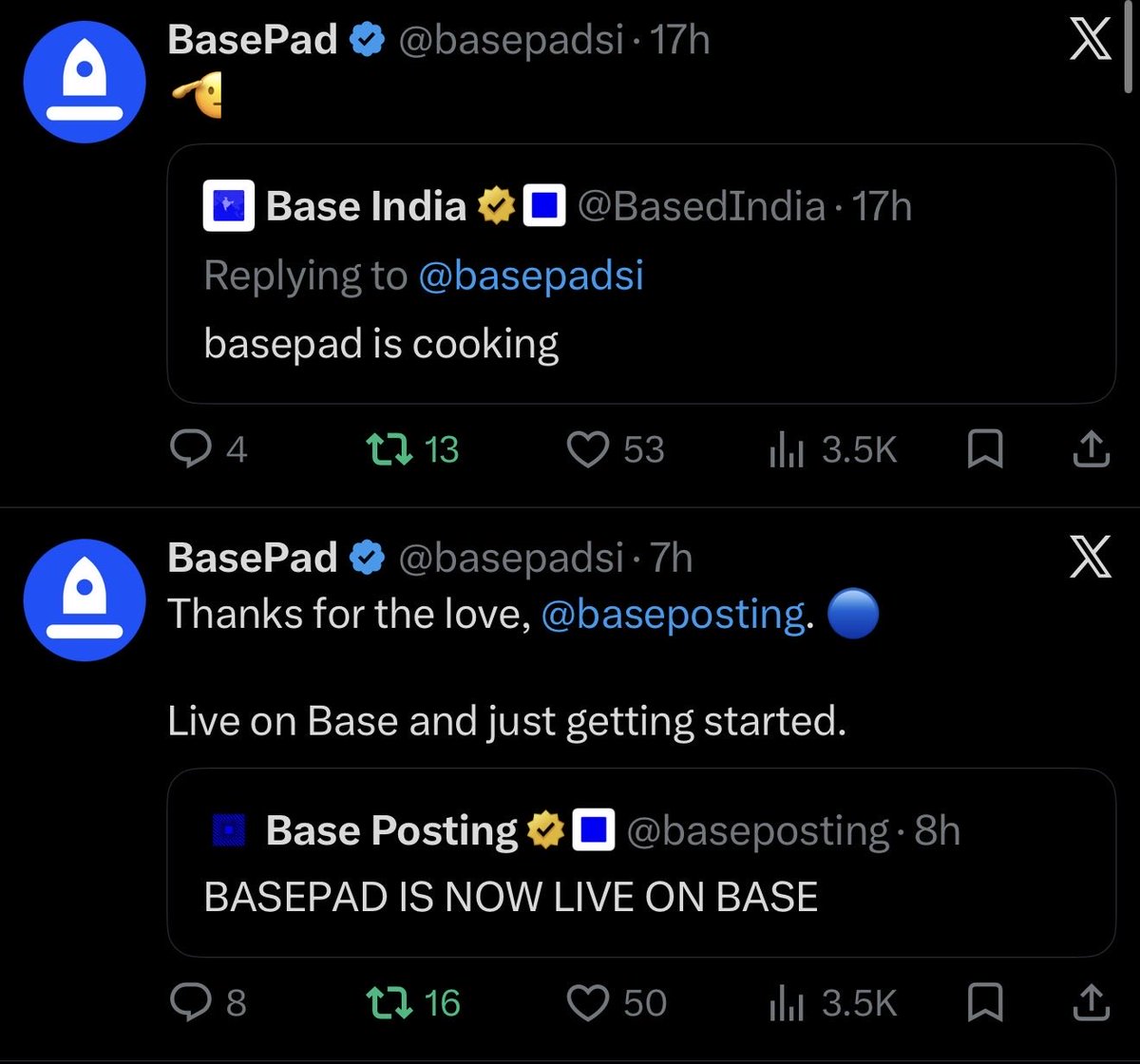 CryptoExpert101's tweet photo. @Aurelius0121 @bigwarzeth  @BitmanTW  @funkai_ @KadunaBull @rodotfun @mrpunkdoteth

Check @basepadsi 
The Dev is @ClawdOS 

Mcap 325k

0xaeadc7084bc3c482921a8ad7eadc65f70e06106d

Followed by a few Base team members and recognized and acknowledged by several others. The dev is @ClawdOS and he’s also followed by 2 official base accounts ( @baseapac @Base_EUR )

Congrats on the $pod @orcapodfun trade. When you get a chance look at this

They also added Stocks pairing

I think it’s due that @base gets it’s own season !