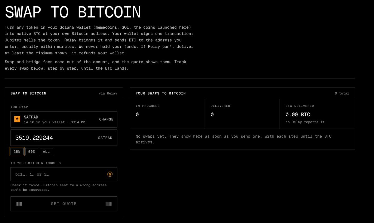 SatPad_SOL's tweet photo. New on satpad: Swap to Bitcoin 🟧

Any token in your Solana wallet → native BTC at your own Bitcoin address.

One transaction, signed by your wallet. No platform fee. We never hold your funds.

Track every swap until the BTC lands.

https://t.co/KXsYdcSnDJ https://t.co/ayKXz1G5Be