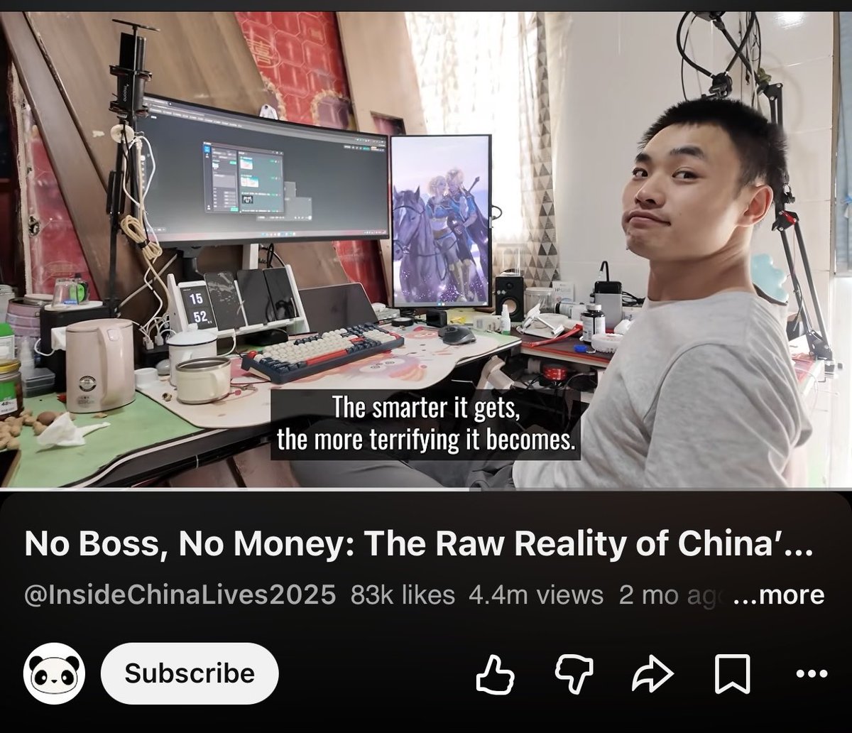 Hesamation's tweet photo. >be Jared
>28yo in China
>worked as AI engineer in big tech
>quits the 996 and goes freelance
>by day: does AI work in an illegal rooftop shack
>by night: delivers food to pay for rent
>cools his room with a water sprayer
>but builds ESP32 cooling for his PC
>the PC has better AC than he does
>eats $0.70 boxed meals
>AI makes code cheap so his rates keep dropping
>"it literally takes a single prompt"
>rides 6-10pm
>$15 a night
>only delivers enough to pay for rent
>"there's no going back"

bro is delivering for to pay for rent so the coding job can stay.