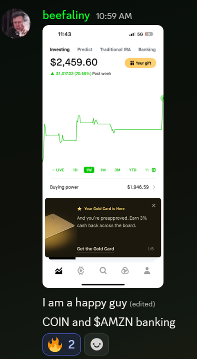 $COIN  pop in the morning gave us 60%+ on our contracts and members made good money💰

Same with $AMZN 
 [📷](https://pbs.twimg.com/media/HT5qInMbUAAD55h.png) h