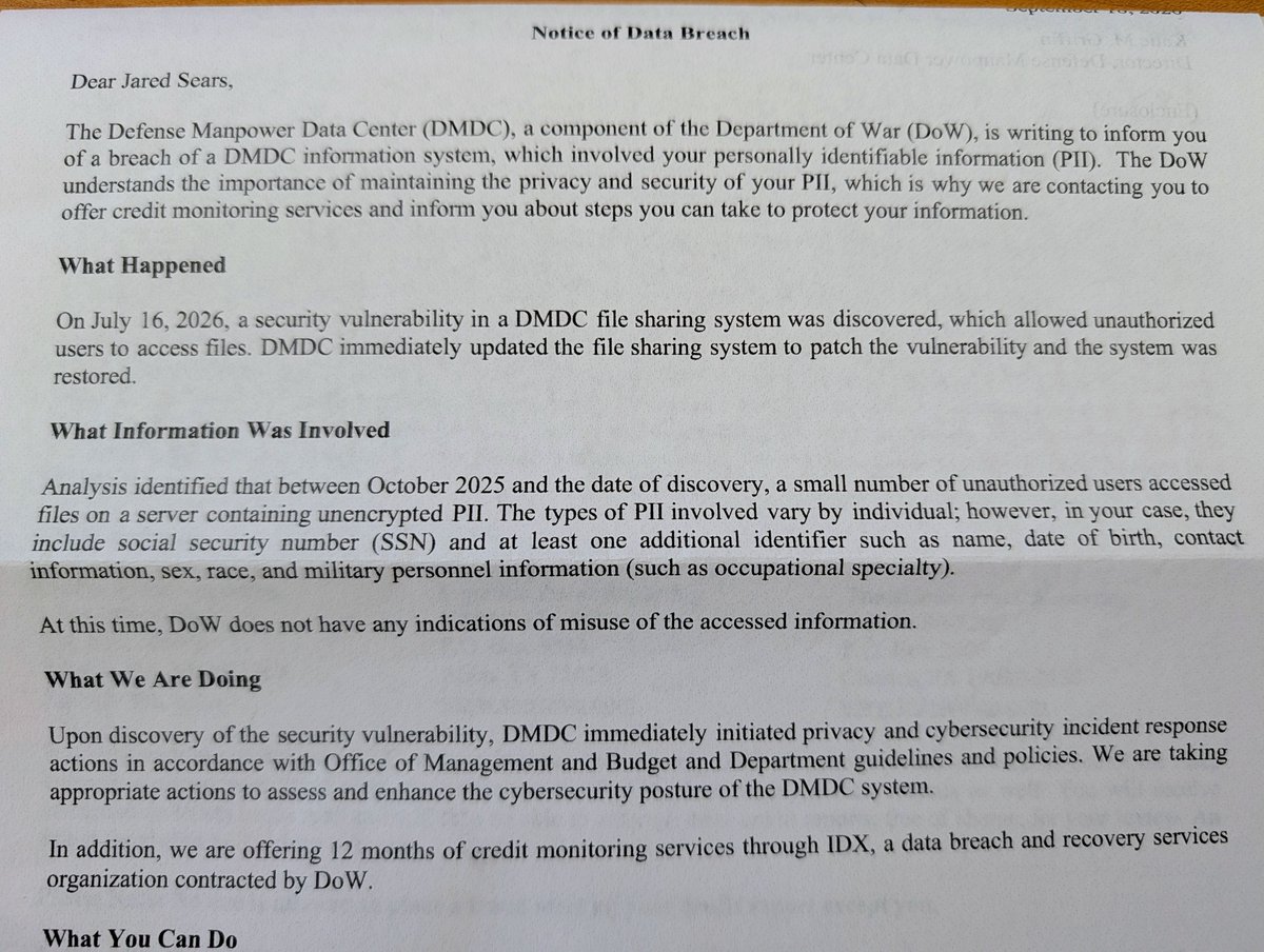 JaredRyanSears's tweet photo. I didn't receive a check in the mail from Trump.

But I did receive a letter from the Department of "War" saying they had a breach for nine months that they didn't know about, which exposed my personal information to unauthorized users. It included a coupon for credit monitoring services.