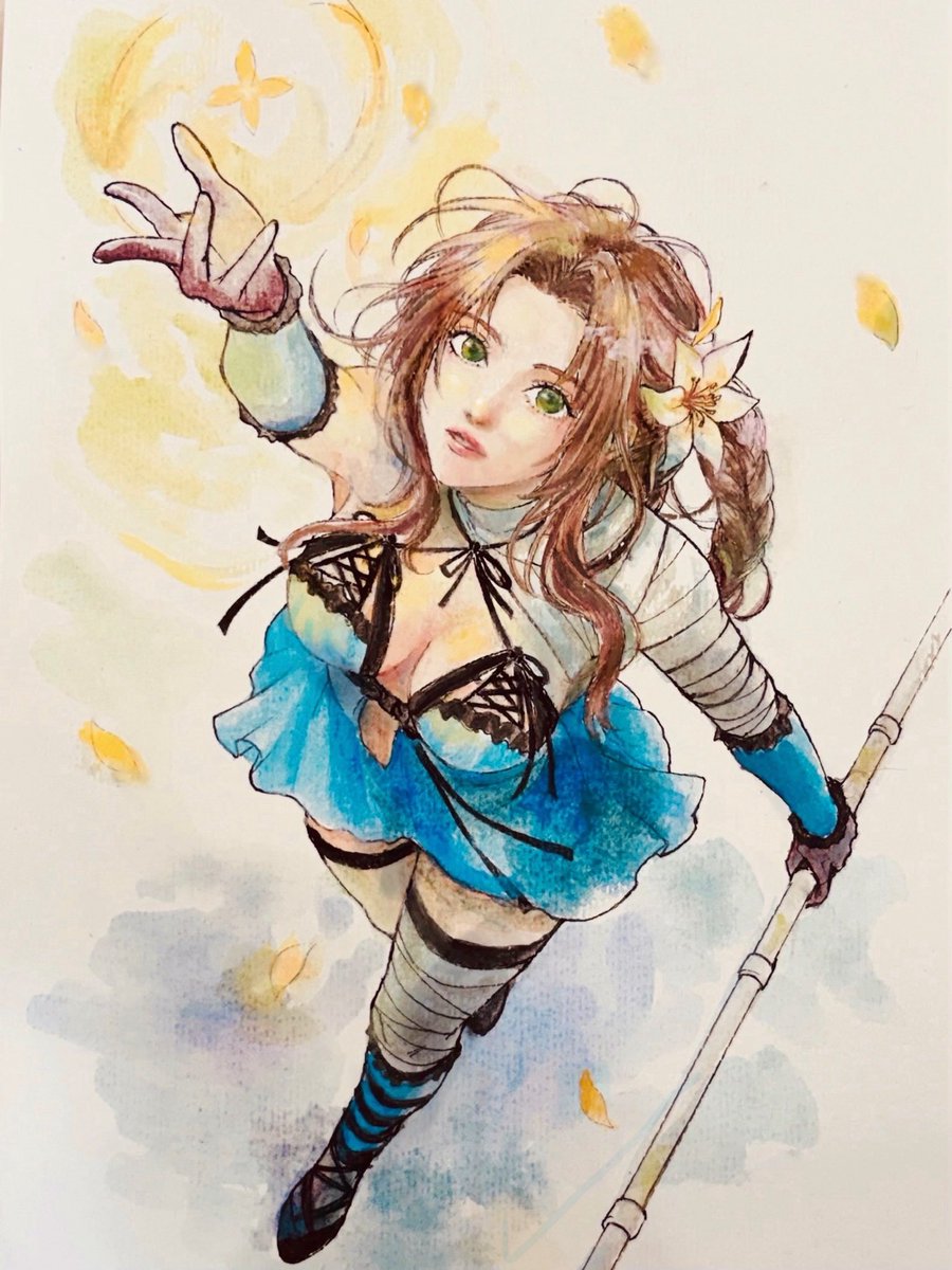 forehead_high's tweet photo. With FFEC going EoS, wanna draw Aerith in Kainé’s outfit.
Usually wouldn’t put Aerith in something this revealing but… it’s SO cute on her 😭

(and I know Kainé’s weapon isn’t a rod…) https://t.co/GGkTDt5DoT